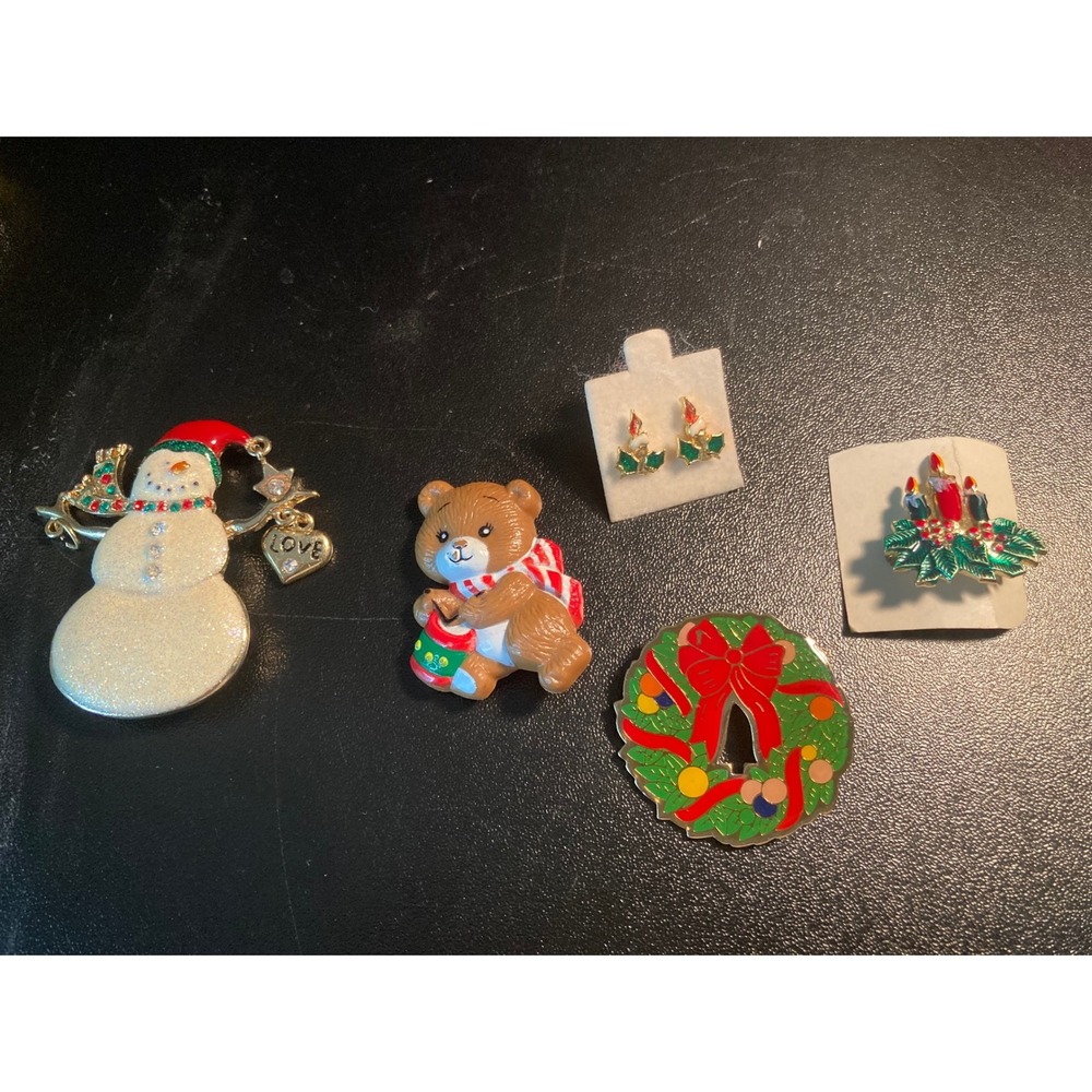 Christmas Holiday Enamel Pins Earrings Brooches Lot Snowman Bear Wreath Candles